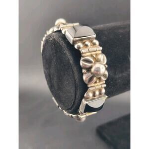 Vintage Sterling Silver Black Onyx Link Bracelet Mexican Taxco Style 925 7" 27g